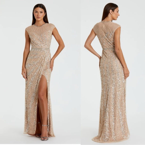 FLAWED Mac Duggal 5619 Beige Embellished Illusion High Neck Cap Sleeve Gown Nude